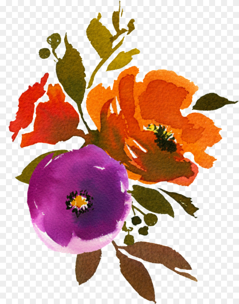 Hand Painted Three Colors of Watercolor Flowers Png