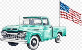 Watercolor Truck Teal Ford Pickup Antique Retro Ford